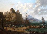 Adriaen Coorte A  mediterranean harbour scene with numerous figures on a que beneath a fort oil painting on canvas